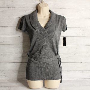 A. Byer Women's Tunic Sweater Size S Gray Belted Short Sleeves